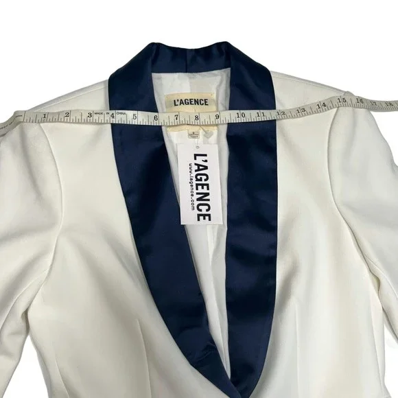 NWT L'AGENCE Women's Sz 2 White Blazer Satin Navy Contrast Lapel Smoking Jacket